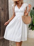 Zjkrl  -  Flutter-Sleeve Ruffle Dress - V-Neck with Shirred Waist Detail - Perfect For Spring & Summer Events, Womens Fashion