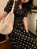 Polka-dot Print V-neck Aline Dress, Elegant Puff Sleeve Dress For Spring & Summer, Women's Clothing