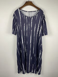 Plus Size Boho Dress, Women's Plus Strip Short Sleeve Round Neck Slight Stretch Tee Dress With Pockets