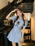 Women's Casual Striped Blouse Dress - Korean Style, Polyester, Polo Neckline, No Stretch, No Print, Ready-to-Ship for Spring/Summer Adult Women