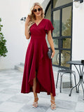 Vibrant Solid Color Ruffled Tulip Hem Dress - Elegant Surplice Neck, Delicate Sleeve Details, Flowy Design for Women - Perfect for Spring and Summer Seasons