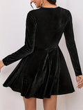 Velvet Ruffle Hem Aline Dress, Vintage Crew Neck Long Sleeve Dress For Spring & Fall, Women's Clothing