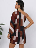 Color Block One Shoulder Dress, Boho Batwing Sleeve Random Print Dress For Spring & Summer, Women's Clothing