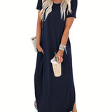 Zjkrl  -  Long Sleeve Solid Color Crew Neck Loose Maxi Dress - Soft Cotton Blend, Asymmetrical Hem, Casual Chic Style for Spring & Summer - Womens Comfortable Everyday Wear