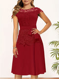 Elegant Lace Contrast Dresses, Cap Sleeve Crew Neck A Line Dresses With Belted, Women's Clothing