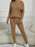 Casual Solid Two-piece Knit Set, Long Sleeve Slant Shoulder Top & Drawstring Pants Outfits, Women's Clothing