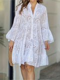 Elegant V Neck Hollow Ruffle Hem Flared Sleeve Dress, Women's Solid Wedding Clothing