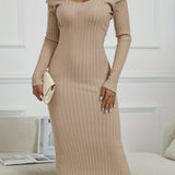 Zjkrl  -  Ribbed Midi Dress, Casual V Neck Long Sleeve Bodycon Dress, Women's Clothing