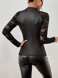 Elegant All-Season Crew Neck T-Shirt with Semi-Sheer Geometric Lace Sleeves - Comfort and Style Combined