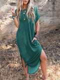 Chic Crew Neck T-shirt Dress - Casual Long-Length with Asymmetrical Hem, Soft Cotton Blend, Perfect for All Seasons