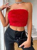 Vibrant Solid Fuzzy Crop Tube Top - Strapless Tops for Women with Off Shoulder Design, Casual Summer Wear, Soft and Cozy Fabric, Relaxed Fit, Perfect for Outdoor Activities