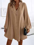 Zjkrl  -  Effortlessly Chic Solid Color V-Neck Dress - Long Sleeve, Loose Fit for Spring & Fall - Stylish Womens Wardrobe Essential