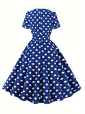 Vibrant Polka Dot A-Line Dress - Elegant Square Neck, Short Sleeve, Micro Elastic Polyester Fabric, Belted, Machine Washable, Random Print, All-Season Party Dress for Women