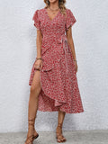 Women's Spring & Summer Dress - Elegant Floral Print, Surplice Neck with Tie, Casual Flutter Sleeves & Ruffle Hem, Perfect for Every Day & Special Occasions