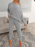 Casual Solid Two-piece Knit Set, Long Sleeve Slant Shoulder Top & Drawstring Pants Outfits, Women's Clothing