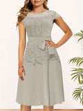 Elegant Lace Contrast Dresses, Cap Sleeve Crew Neck A Line Dresses With Belted, Women's Clothing