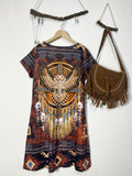 Aztec Print Dress, Vintage V Neck Short Sleeve Western Style Dress, Women's Clothing