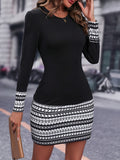 Geo Print Color Block Dress, Elegant Crew Neck Long Sleeve Dress, Women's Clothing