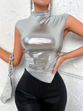 Vibrant Metallic Hanky Hem T-Shirt - Sexy Mock Neck, Cap Sleeve, Slim Fit, Comfortable, Breathable, Perfect for Spring & Summer, Women's Clothing