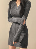 Solid Knit Sweater Dress, Elegant V Neck Long Sleeve Bodycon Dress For Fall & Winter, Women's Clothing