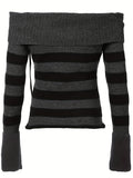 100% Polyester Elegant Off the Shoulder Striped Pullover Sweater for Women, Fall/Winter Collection with Lace-Up Detail