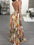 Womens Sexy Spaghetti Strap Deep V Neck Floral Boho Criss Cross Backless Chiffon Beach Party Long Maxi Dress