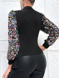 Vibrant Sequin Embellished Lantern Sleeve Top - Stylish Slim Fit, Versatile for Spring & Fall Seasons, Women's Fashion Clothing for Everyday Wear