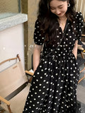 Polka-dot Print V-neck Aline Dress, Elegant Puff Sleeve Dress For Spring & Summer, Women's Clothing