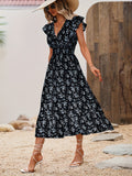 Floral Print Shirred Waist Dress, Elegant Ruffle Trim Surplice Neck Maxi Dress, Women's Clothing