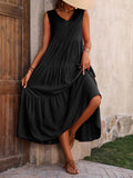 Loose Casual Sleeveless V Neck Ruffle Hem Dress for Spring & Summer, Women's Clothing