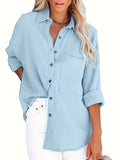 Solid Color Button Front Shirt, Casual Long Sleeve Shirt For Spring & Fall, Women's Clothing