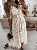 Boho Spaghetti Strap Sexy V-Neck Lace Hem Maxi Swing Sundress Vacation Beachwear Dresses, Women's Clothing