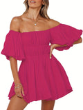 Off Shoulder Ruched Dress, Sexy Puff Sleeve Solid Dress For Spring & Summer, Women's Clothing