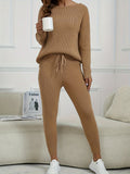 Casual Solid Two-piece Knit Set, Long Sleeve Slant Shoulder Top & Drawstring Pants Outfits, Women's Clothing