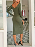 Zjkrl  -  Ribbed Midi Dress, Casual V Neck Long Sleeve Bodycon Dress, Women's Clothing