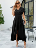 Vibrant Solid Color Ruffled Tulip Hem Dress - Elegant Surplice Neck, Delicate Sleeve Details, Flowy Design for Women - Perfect for Spring and Summer Seasons