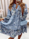 Plus Size Boho Dress, Women's Plus Floral Print Long Sleeve Notched Neck Knee Length Smock Dress