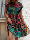 Boho-Chic Patchwork Dress with Ruffle Sleeves - Perfect for Spring & Summer Events, Women's Fashion