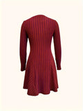 Ribbed Knit Long Sleeve Dress, Casual Crew Neck Knit A-line Dress, Women's Clothing