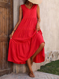 Loose Casual Sleeveless V Neck Ruffle Hem Dress for Spring & Summer, Women's Clothing