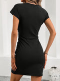 Vibrant Solid Color Crew Neck Pencil Dress - Elegant, Ruched, Micro Elastic, Frill Details, Machine Washable - Perfect for Spring, Summer, and Fall Seasons