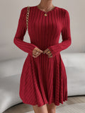 Ribbed Knit Long Sleeve Dress, Casual Crew Neck Knit A-line Dress, Women's Clothing