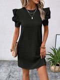 Chic Puff Sleeve Spring & Summer Dress - Women's Elegant Crew Neck Midi, Breathable Comfort for Day-to-Night Sophistication