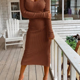 Zjkrl  -  Ribbed Midi Dress, Casual V Neck Long Sleeve Bodycon Dress, Women's Clothing