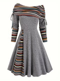 Ethnic Striped Splicing Dress, Elegant Off Shoulder Drawstring Dress, Women's Clothing