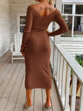 Zjkrl  -  Ribbed Midi Dress, Casual V Neck Long Sleeve Bodycon Dress, Women's Clothing