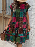 Boho-Chic Patchwork Dress with Ruffle Sleeves - Perfect for Spring & Summer Events, Women's Fashion