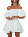 Off Shoulder Ruched Dress, Sexy Puff Sleeve Solid Dress For Spring & Summer, Women's Clothing