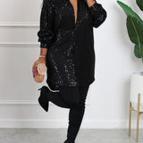 Zjkrl  -  Plus Size Glamour - Sequined, Long Sleeve, Turn Down Collar, Button Up Shirt Dress for Women - Perfect for Party, Evening, and Formal Occasions