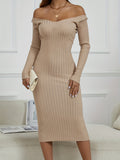 Zjkrl  -  Ribbed Midi Dress, Casual V Neck Long Sleeve Bodycon Dress, Women's Clothing